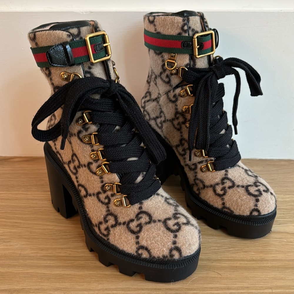 NEW | WOMEN’S | SIZE EU 36 | GUCCI COVERED WOOL GG LACE UP COMBAT ANKLE BOOTS
